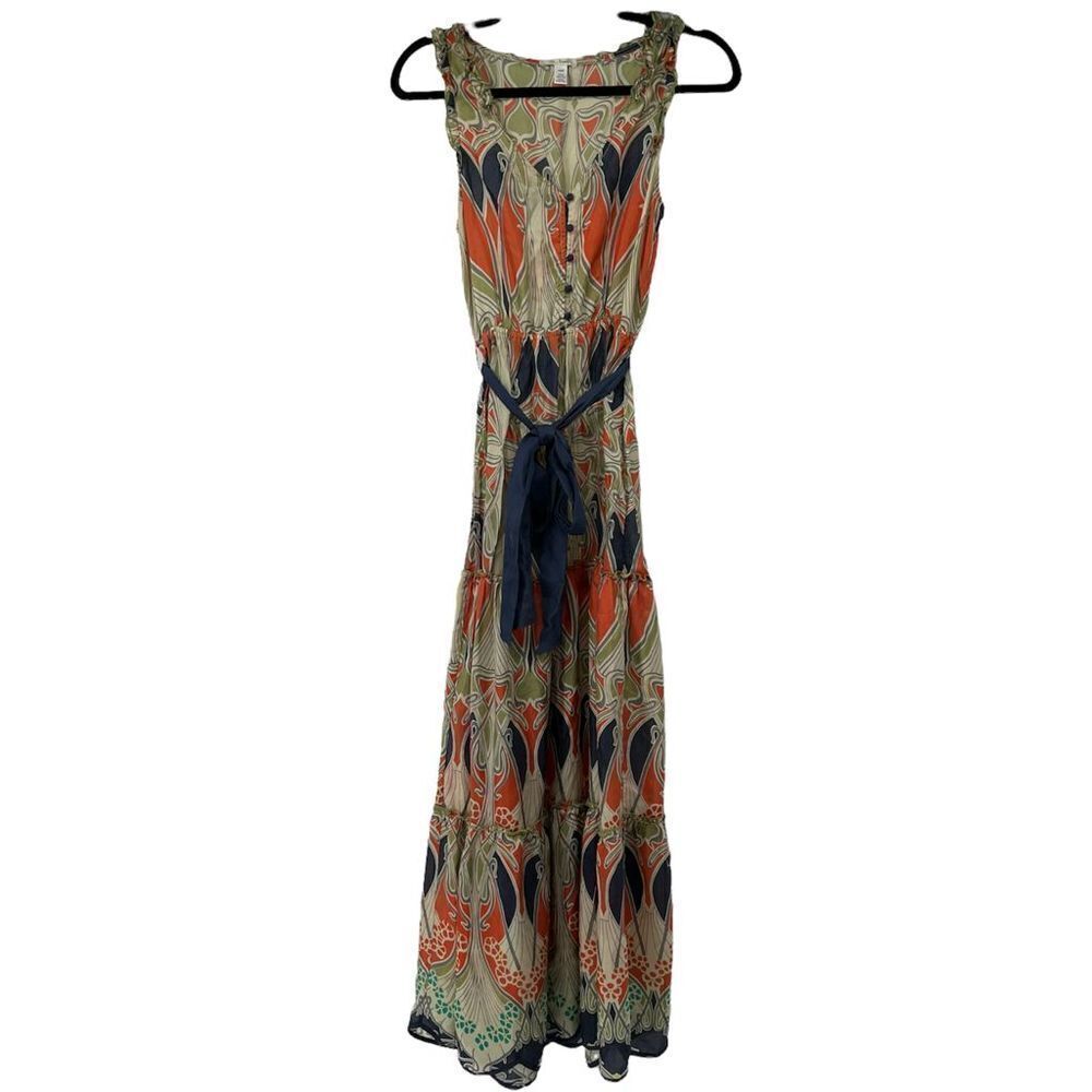 Trinity Blue Orange Boho Silk Sheer‎ Dress with Belt